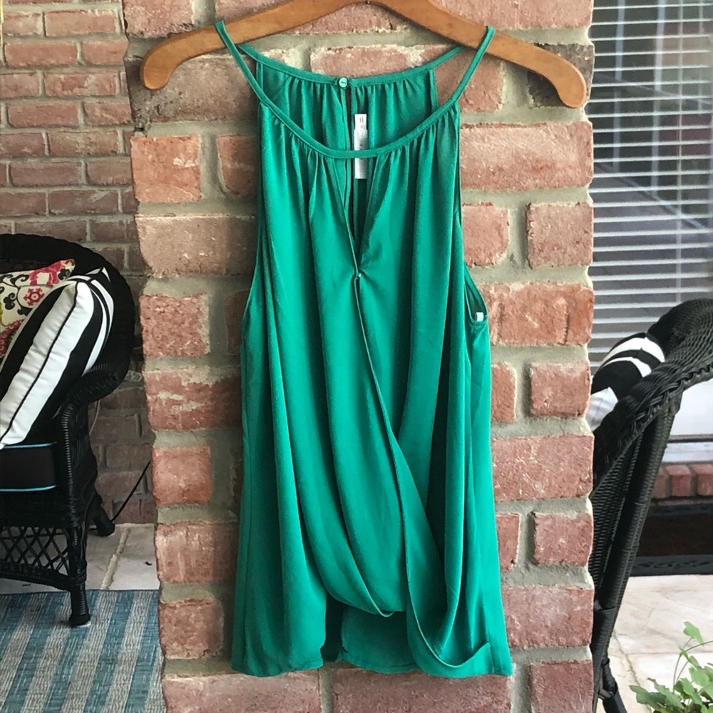 LUSH Emerald Green Sleeveless Top Keyhole Back Faux Wrap Medium EUC!